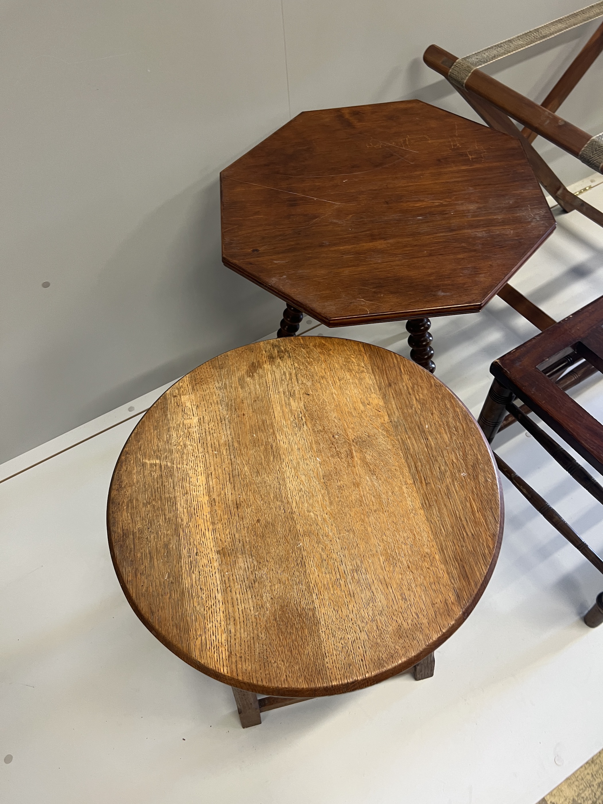 A late Victorian mahogany luggage rack, an octagonal occasional table, a circular oak table, butler's tray stand and an elbow chair